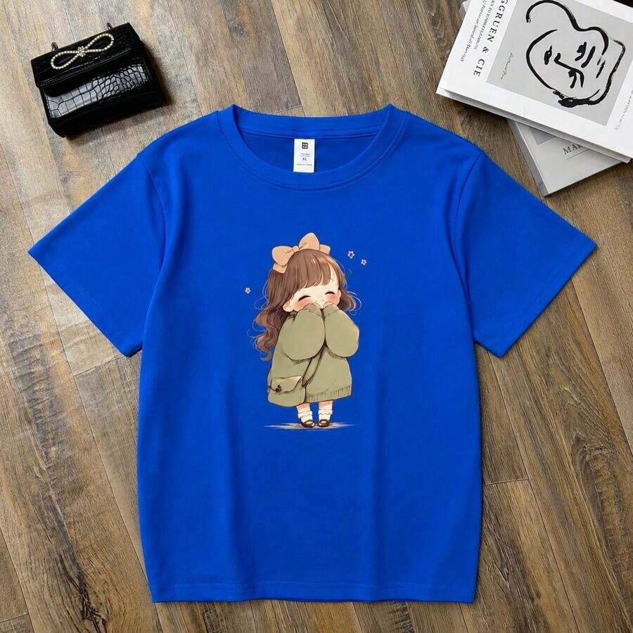 Women's Anime Print T-Shirt - Korean Style, Cute Short Sleeve Anime T-Shirt With Round Neck, Casual Summer Top For Outfits (Machine Washable) Soft - 藍色 - 查看 1