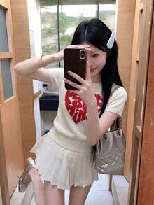 夏季新款白色對比色愛心字母提花紋理短袖針織上衣，純甜少女風修身短版優雅休閒百搭通勤約會，Y2K復古海灘度假派對返校時尚針織上衣 - 杏色 - 查看 4