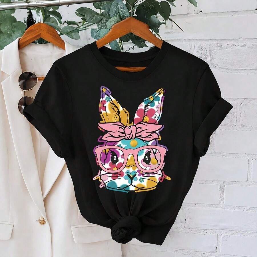 Women's Cotton T-Shirt With Easter Bunny Print, Short Sleeve, Round Neck, Casual Style With Floral Rabbit Graphic, Loose Fit For Spring Holidays, Soft Sizes - 黑色 - 查看 1