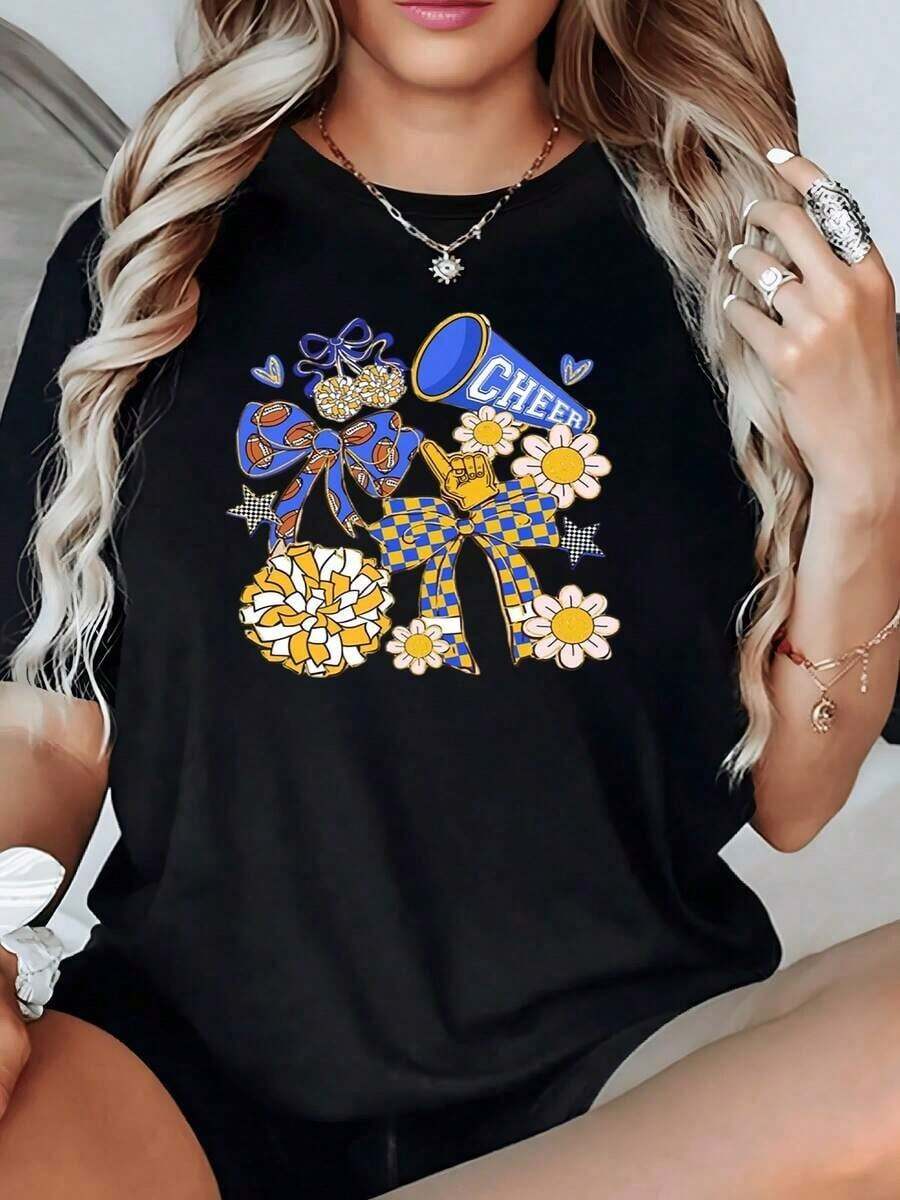 100% Cotton. The Print Features Cheerful Blue And Yellow Ribbons, Daisy Flowers, And A Megaphone, Symbolizing Energy And A Positive, Encouraging Spirit. Women's 100% Cotton T-Shirt. Women's Simple Solid Color T-Shirt, Loose And Slim Fit Casual Short Sleeve - 黑色 - 查看 1