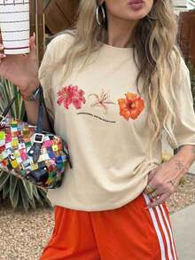 Women's Summer T-Shirt With Floral Petal And Letter Print, Round Neck, Casual And Versatile Style, Suitable For Holidays And Summer Wear - 彩色 - 查看 5