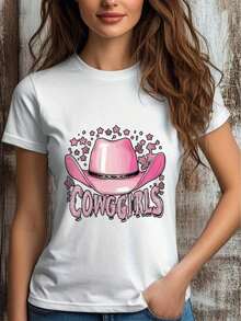 [Denim Print/Imitation Denim] Women's Small Size T-Shirt With Cowgirl Print And Pink Cowboy Hat - Round Neck Short Sleeve Western Style Top, Casual Blouse For All Seasons, Matches Jeans, Machine Washable (Fashion) - 彩色 - 查看 6