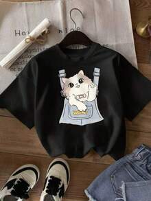 New 2026 Women's T-Shirts, Couple T-Shirts, Funny T-Shirt With Funny Cat, Casual Style, Fresh, Original, Unisex Animal Design, Perfect For Pet Lovers, Black, One Size, Youth Fashion 2023,  Cotton T-Shirt - 黑色 - 查看 1
