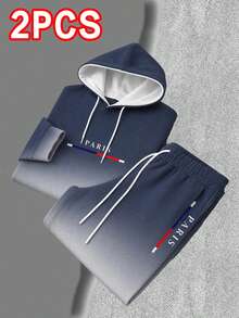 [2-Piece Set] Lightweight Polyester Men's Fall & Winter Casual Sport Hoodie And Joggers Set(Runs Small, Please Refer To Size Chart) – Navy Blue To Gray Gradient With "Paris" Graphic Print, Fleece-Lined Hooded Sweatshirt And Drawstring Pants For Daily Wear, Street Style, Lounging, Outdoor Activities & Cozy Stylish Looks(Minor Imperfections May Occur | Photo For Compensation) - Xanh và trắng - Xem 1