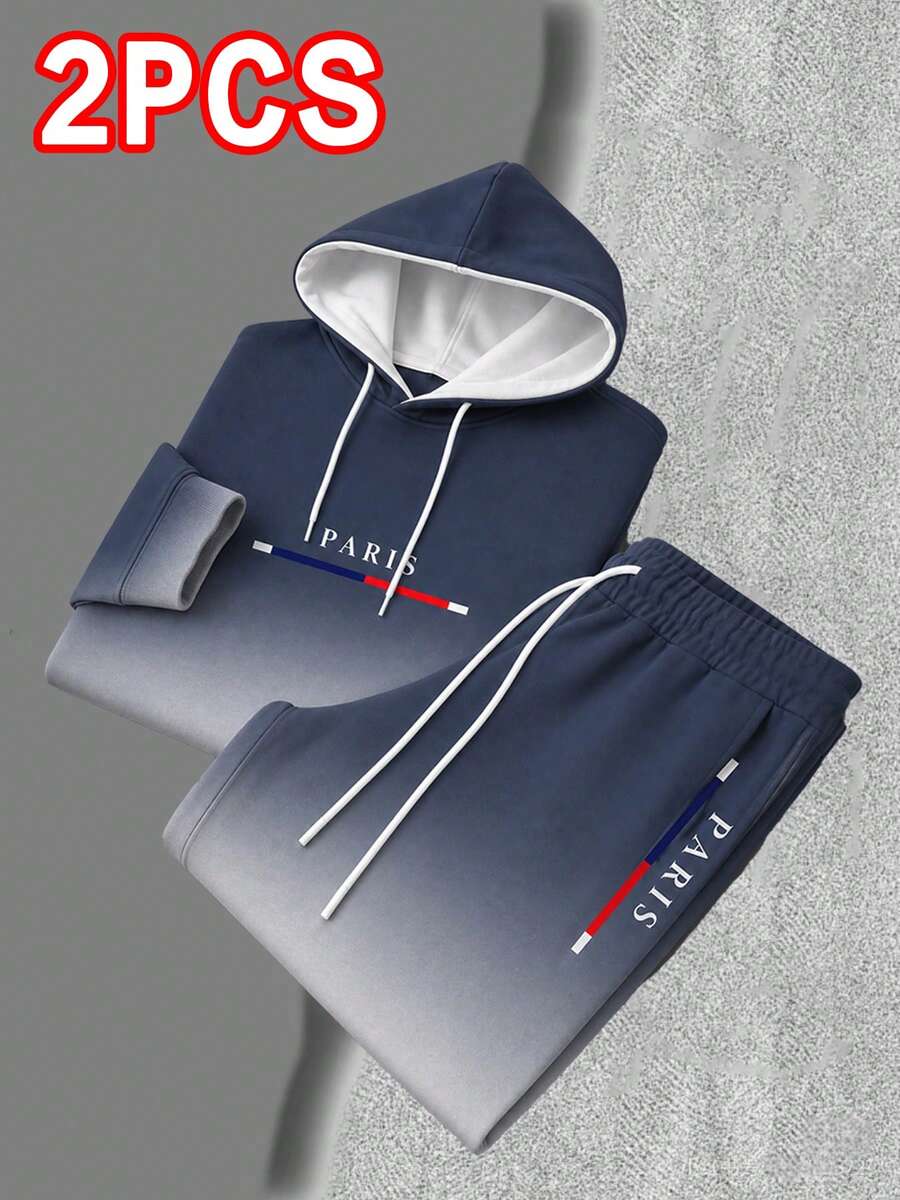 [2-Piece Set] Lightweight Polyester Men's Fall & Winter Casual Sport Hoodie And Joggers Set(Runs Small, Please Refer To Size Chart) – Navy Blue To Gray Gradient With "Paris" Graphic Print, Fleece-Lined Hooded Sweatshirt And Drawstring Pants For Daily Wear, Street Style, Lounging, Outdoor Activities & Cozy Stylish Looks(Minor Imperfections May Occur | Photo For Compensation) - Xanh và trắng - Xem 1
