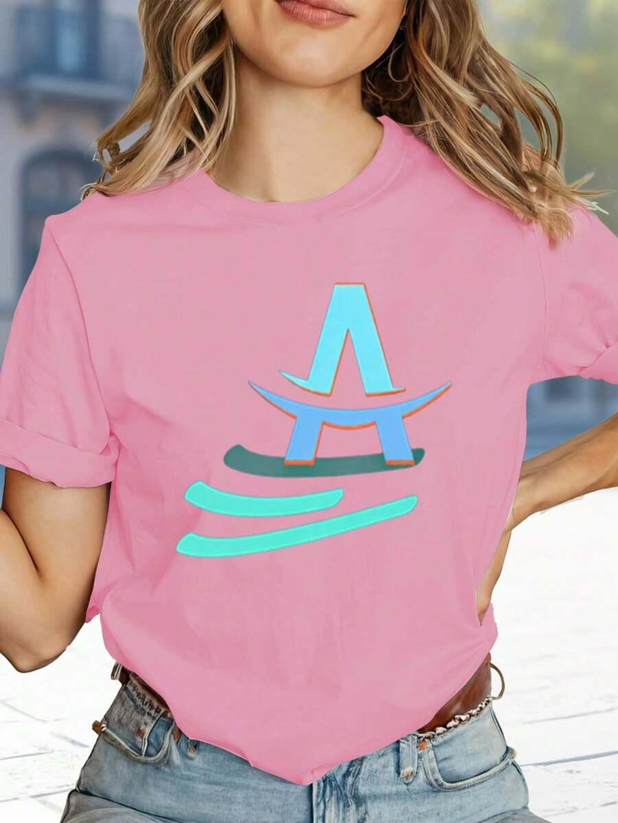 Women's T-Shirt With The Letter A And A Wave Design. | Suitable For Casual Wear In Spring And Summer, A Great Gift For Fashionable Women, Vintage Style, Breathable, Casual - Crew Neck, Regular Fit - Machine Washable, Printed T-Shirt Suitable For All Occasions. 5L3G - 粉色 - 查看 1