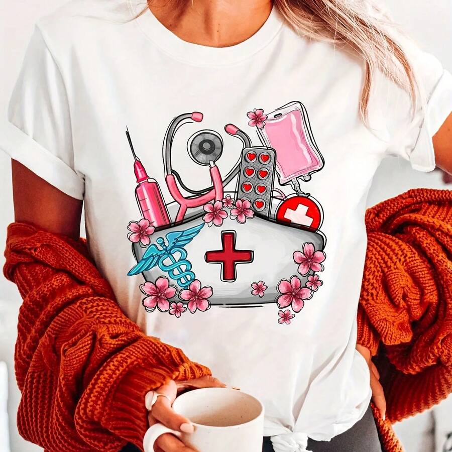 Camiseta de enfermera con estampado de letras a la moda, top casual de manga corta y cuello redondo para verano y primavera, ropa de mujer - Blanco - Ver 1