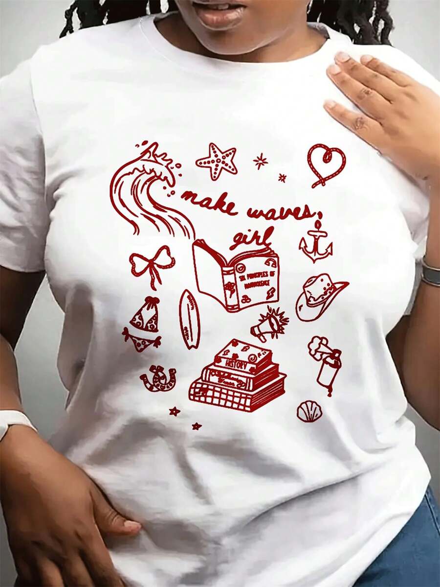 Plus Size - Plus Size - Women's Fashion Casual Crew Neck T-Shirt, Mother's Day | Short Sleeve, Plus Size, Suitable For Daily Wear And As A Gift, Solid Color With Special Print. - 白色 - 查看 1