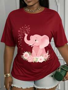 Women's Casual Summer T-Shirt, Women's Long Sleeve Casual T-Shirt, Designed With A Cute Elephant Print, Round Neck, Made Of Stretchy Fabric, Stylish, Comfortable And Suitable For Any Season, Perfect For Everyday Wear. - 黑色 - 查看 8