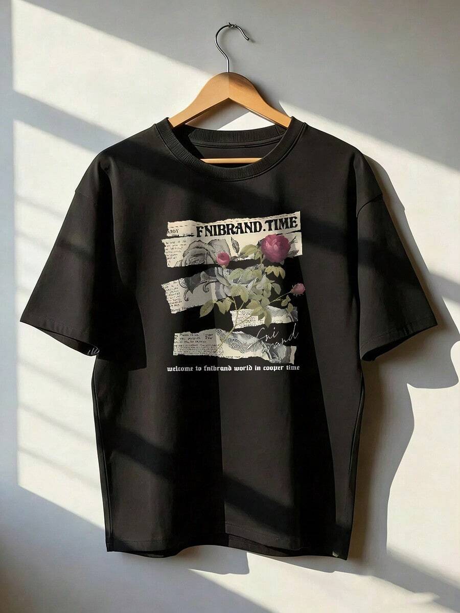 T-Shirt With Rose And Retro Newspaper Design, Fashionable Short-Sleeved T-Shirt For Spring And Summer 2026, Made In Mexico, 180 Grams. Cartoon Print, Couple Design, Suitable For Indoor Or Outdoor Wear. Crew Neck, Unisex, Ideal For Office And Leisure. One-Pack. - BK-P631577SLNDXZGY581 - 查看 1