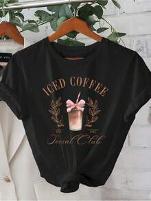 Women's "Top Of The Party" T-Shirt With Fun Design, Casual Women's T-Shirt With "Iced Coffee" Print, Short Sleeve, Round Neck, Beige With Pink Bow And Leaf Design. Machine Washable, Perfect For Spring/Summer Outings And Parties. Women's Blouses. - 黑色 - 查看 1