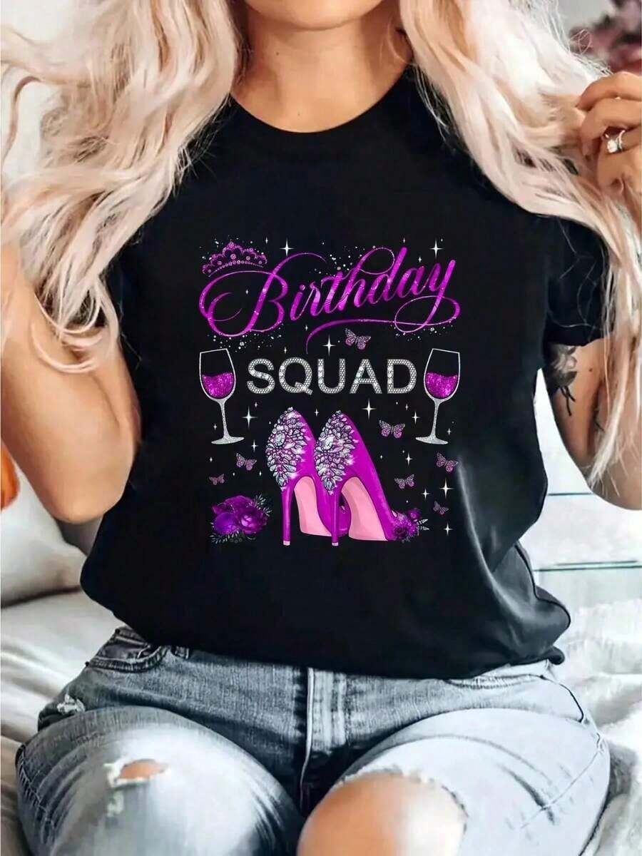 Women's Birthday Graphic T-Shirt, Purple Butterfly And High Heels Design, Round Neck, Short Sleeve, Soft, Casual, For Spring Summer, Machine Washable, Fashion T-Shirt, Women's T-Shirts, Summer Outfit, Celebratory Design, Medium Elasticity, Spring Outfit, Breathable Fabric Printed T-Shirt For Adults - 黑色 - 查看 1