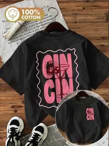 | Exquisite Design | Loose And Comfortable | Easy To Match | [Double-Sided Print] Women's Spring/Summer T-Shirt, Simple Style, Wine Glass And CIN CIN Letter Print, Pure Cotton, Casual Daily Wear, Short Sleeve, Round Neck, Women's T-Shirt - 黑色 - 查看 7