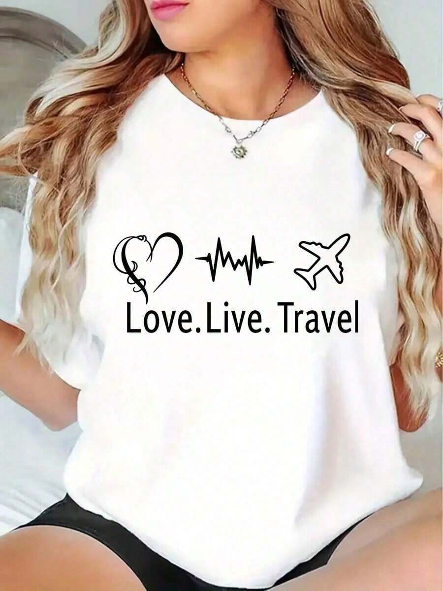 Nueva camiseta de moda para mujer con cuello redondo, estilo casual, con estampado gráfico de Love Live Travel, para el verano, para entusiastas de los viajes y como regalo para amigos. Diseño versátil listo para el verano. - Blanco - Ver 1