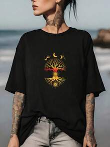 Women's T-Shirt With Astronomical Tree Of Life Design - Perfect For Family Gatherings On Independence Day, Corporate Team-Building Activities, And As A Gift. Comfortable 180g Black T-Shirt With A Stylish Cosmic Design. - 黑色 - 查看 1