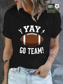 Women's Football Fan T-Shirt - Awesome! Go Team! Printed T-Shirt - Solid Color, Soft And Breathable T-Shirt, Suitable For Game Days, After-Parties, Casual Wear - With Letter Print - Casual Wear - 黑色 - 查看 7