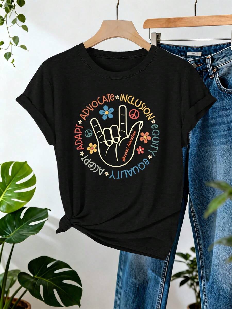 Women's "ASL I Love You" T-Shirt - Social Education And Inclusion T-Shirt - Casual Short Sleeve Crew Neck T-Shirts For Women - Spring/Summer - 黑色 - 查看 1
