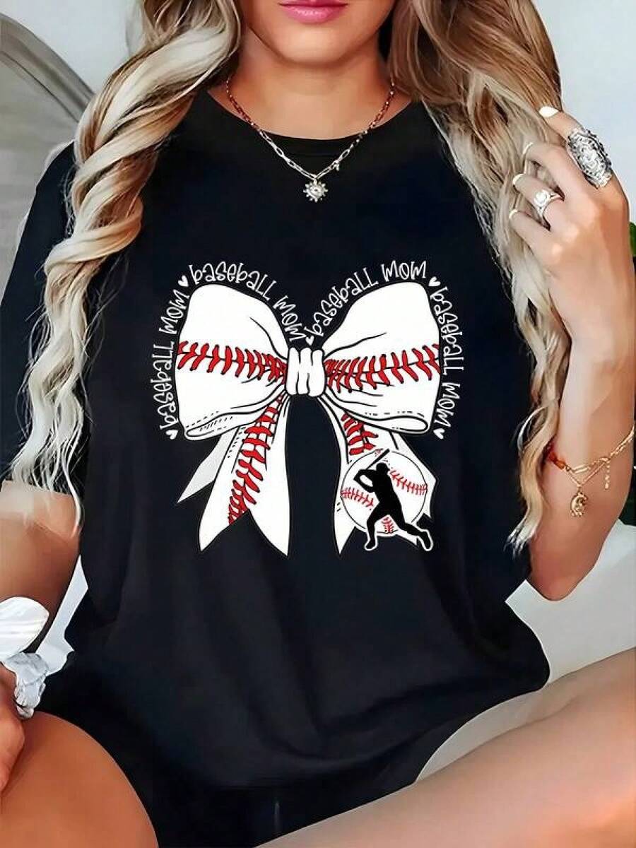 100% Cotton Printed T-Shirts, 'Baseball Mom' Print T-Shirt, Crew Neck, Comfortable Short Sleeve T-Shirt For Women, Breathable Casual Sports Top, Available In Multiple Colors, The Perfect Choice For Holiday Gifts. Casual Women's T-Shirt, Short Sleeve And Crew Neck, Local Spring/Summer Urban Fashion. - 黑色 - 查看 1