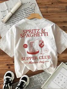[Double Side Print] Vintage Spaghetti Cocktail Pattern T-Shirt, Sketch Letter Print, Women's Casual Round Neck Top, Spring Outfit, Cotton T-Shirt, Festival Tee. - White - View 3
