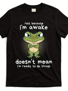 T-shirt humoristique pour homme avec la phrase 'Le fait que je sois éveillé ne veut pas dire que je suis prêt à faire des choses' - Conçu avec un graphique de grenouille noire et verte, fabriqué à partir d'un tissu respirant qui évacue l'humidité pour un confort en toute saison. Disponible en Plu - Noir - Voir 1