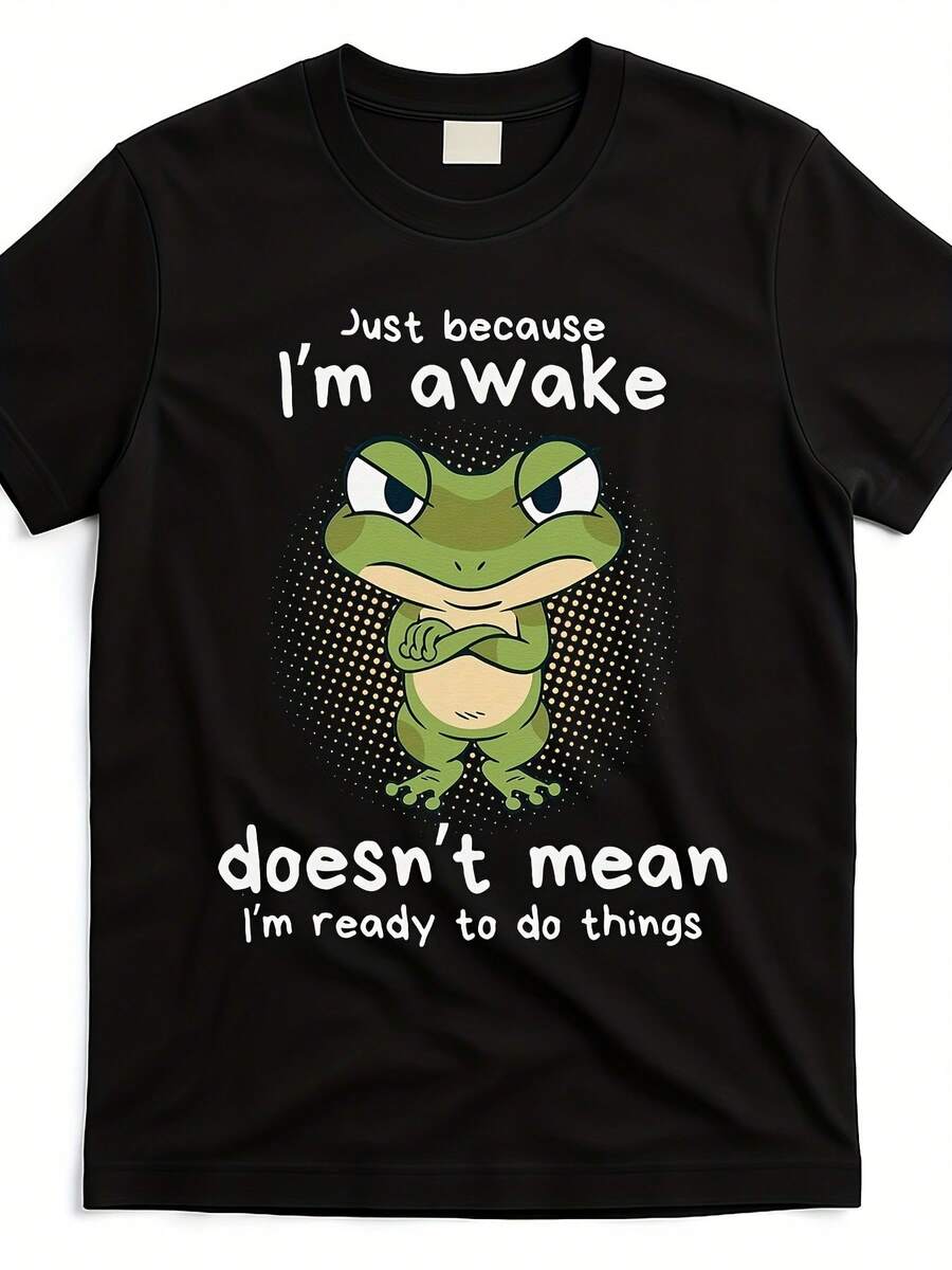 T-shirt humoristique pour homme avec la phrase 'Le fait que je sois éveillé ne veut pas dire que je suis prêt à faire des choses' - Conçu avec un graphique de grenouille noire et verte, fabriqué à partir d'un tissu respirant qui évacue l'humidité pour un confort en toute saison. Disponible en Plu - Noir - Voir 1