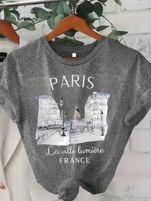 Regular Fit Crew Neck T-Shirt With Fashionable Paris Summer Print - Gray - View 6