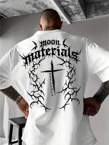 Men's Gothic Style T-Shirt - Loose Fit Short Sleeve T-Shirt With Thorns, Crosses And Letter Prints, Casual Summer Crew Neck Top, Suitable For Hand Washing With Dark Colored Clothes, Ideal For Concerts, Music Festivals And Daily Wear. - 白色 - 查看 8