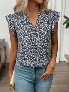 Clasi Blusa de mujer de verano con cuello en V y mangas cortas con estampado floral - azul real - Ver 6