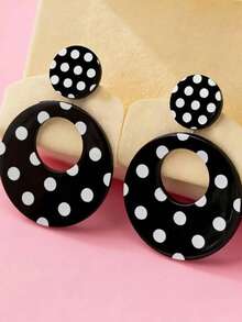 1 Pair Fashion Black & White Polka Dot Acrylic Geometric Water Drop Round Dangle Earrings, Suitable For Daily Wear - Black - View 3