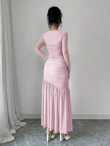 Vestido largo de manga larga con cuello redondo y malla para mujer, vestido casual de otoño.Adecuado para ropa de otoño, atuendo de regreso a clases, atuendo de maestro - Rosa - Ver 2
