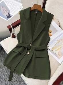 Chaqueta de chaleco casual y holgada de unicolor con solapa, para la temporada de otoño - Verde militar - Ver 1