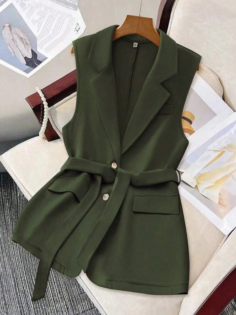 Chaqueta de chaleco casual y holgada de unicolor con solapa, para la temporada de otoño - Verde militar - Ver 1