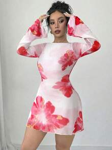 Vestido mini de malla con espalda abierta y estampado floral para mujer, vestido de manga trompeta para el Día de San Valentín, vestido con flores posicionadas, vestido mini de espalda baja, vestidos para vacaciones, vestidos de gran estampado floral para playa y vacaciones, vestido mini de manga de malla, apto para ir al trabajo, elegante, sexy, vacaciones, playa, Hawái, romance, citas, fiesta, concierto, disfraz para actuaciones, temporada de bodas, inicio de curso, Día de San Valentín - Multicolor - Ver 4