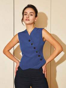 Chaleco corto de mujer de estilo casual de primavera/verano con botones diagonales, estilo de dinero viejo para negocios y ocio - azul real - Ver 8