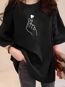 1 Piece Unisex Loose Fit T-Shirt 180g 100% Pure Cotton, Unique And Stylish T-Shirt With A Hand-Shaped Heart Design, Perfect For The Y2K Style, Ideal For Any Occasion, Highlight Your Personality And Stay On  In Mexico, Available In One Size, Ideal For Daily Wear, Festivals, Concerts And All Seasons - 黑色 - 查看 1