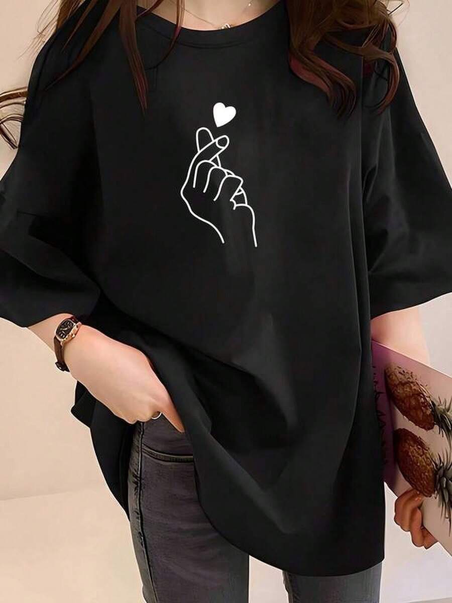 1 Piece Unisex Loose Fit T-Shirt 180g 100% Pure Cotton, Unique And Stylish T-Shirt With A Hand-Shaped Heart Design, Perfect For The Y2K Style, Ideal For Any Occasion, Highlight Your Personality And Stay On In Mexico, Available In One Size, Ideal For Daily Wear, Festivals, Concerts And All Seasons - 黑色 - 查看 1