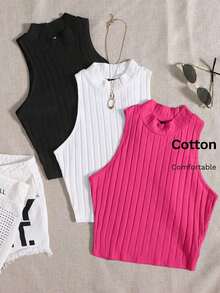 Top de tanque casual sólido de cuello redondo acanalado para el verano - Rosa Fucsia - Ver 7