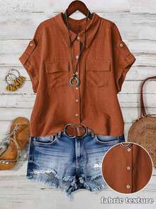 Camisa casual de moda cómoda para mujer de talla grande, de unicolor, con cierre de botones completo, cuello de solapa, manga corta y bolsillos dobles - Naranja - Ver 1