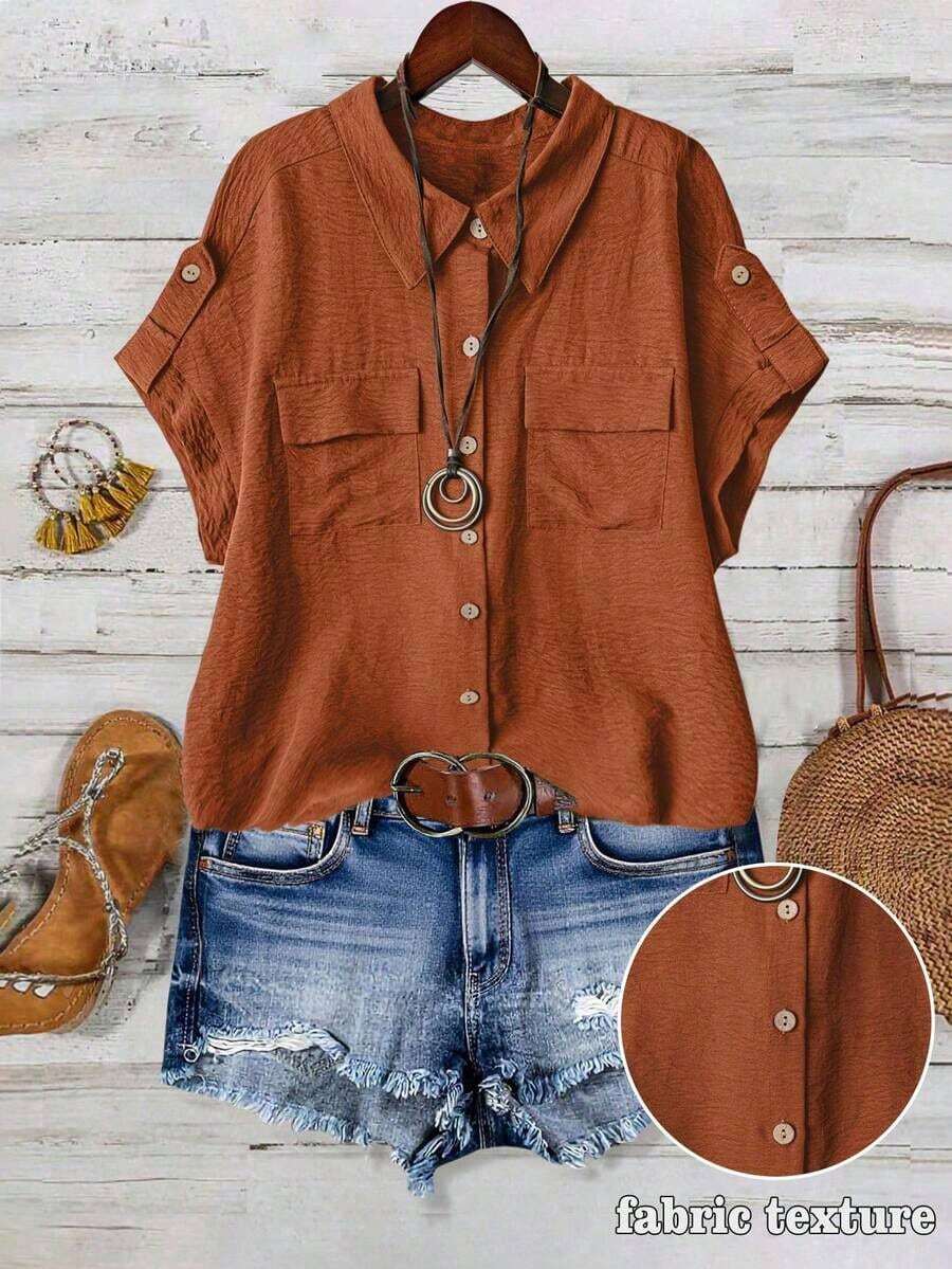 Camisa casual de moda cómoda para mujer de talla grande, de unicolor, con cierre de botones completo, cuello de solapa, manga corta y bolsillos dobles - Naranja - Ver 1