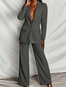 Conjunto de blazer y pantalones de unicolor y manga larga minimalista para mujer - Gris Oscuro - Ver 1