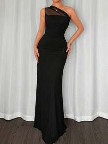 Vestido ajustado asimétrico de cuello elegante, romántico y sexy, adecuado para fiesta, vacaciones en la playa, vuelta al colegio, citas románticas, temporada de bodas, cumpleaños, Pascua, primavera/verano - Negro - Ver 3