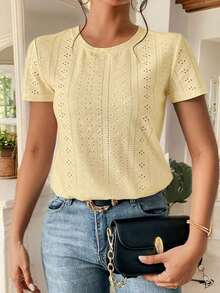 Camiseta blanca de cuello redondo con bordado de ojales, minimalista para ir a la oficina, estilo antiguo y sencillo - Amarillo claro - Ver 6