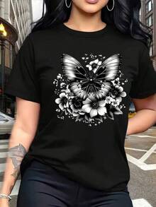 100% Algodón Premium 180g .¡Oferta Especial!Playera.Camiseta con estampado único de mariposa elegante sobre fondo floral, ideal para mujeres que buscan estilo moderno y sofisticación, perfecta para eventos casuales y salidas nocturnas.Disponible en color negro, tamaños S, M, L. Moda femenina, ropa casual,  de temporada.Camiseta Streetwear Unisex Ideal para Conciertos y Regalo - Negro - Ver 6
