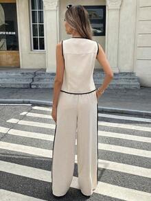 Conjunto de 2 piezas de top tipo camiseta y pantalones de verano casuales con ribete en contraste para mujer - Albaricoque - Ver 2