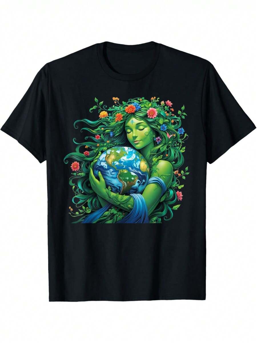 Men's And Women's T-Shirts, Designed With An Earth Day And Nature Theme, Are Perfect For Easter, Mother's Day, Father's Day, And Birthdays. Made From 100% Soft Black Fabric, Suitable For Everyone. - 黑色 - 查看 1