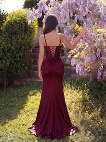 Vestido maxi elegante con encaje, parches, cintura alta, plisado, abertura y espalda descubierta, adecuado para graduación, baile de graduación, fiesta de cumpleaños, cena formal, regreso a casa, invitado de boda, ocasión formal, Día de San Valentín - Burdeos - Ver 2