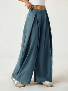 Pantalones anchos de verano con dobladillo curvo verde, estilo vintage, casual y para salir - Azul - Ver 4