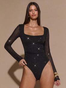 Body De Manga Larga Con Cuello Cuadrado Para Mujer - Negro - Ver 8