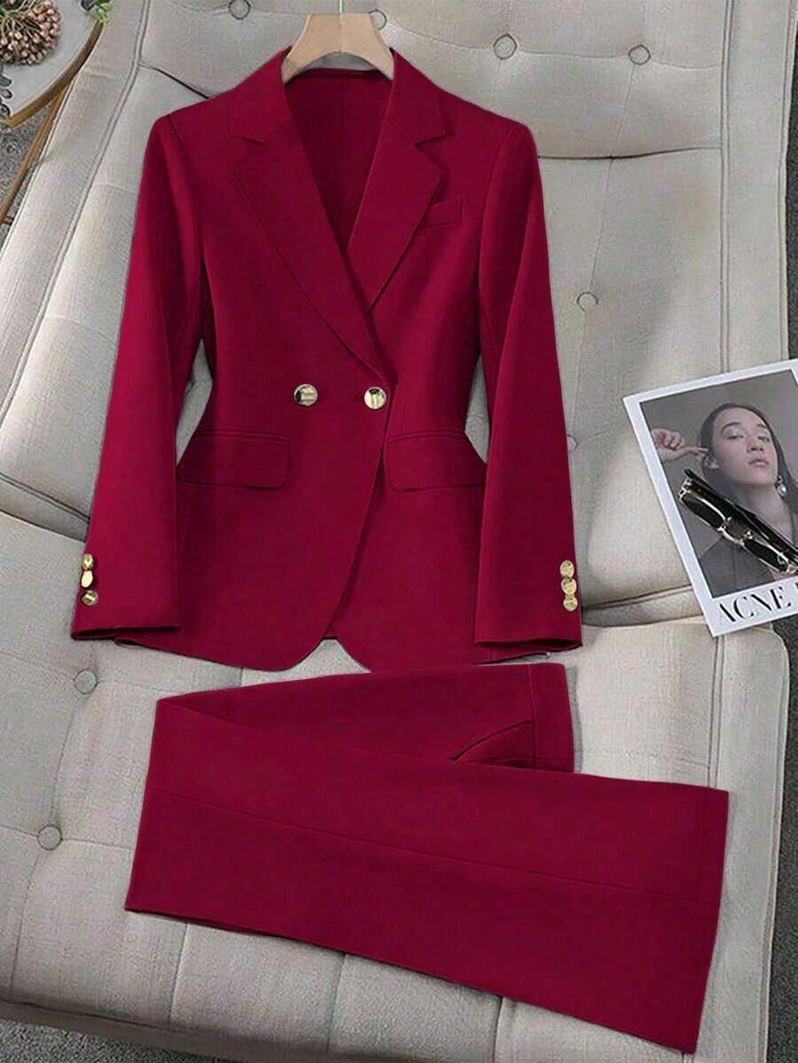 Conjunto de blazer y pantalón de bolsillo de unicolor azul con botones dorados y cuello entallado elegante para mujer, versátil para otoño/invierno - Rojo - Ver 1
