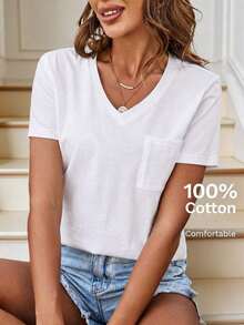 Camiseta de mujer cómoda de algodón, informal, con bolsillo, cuello en V, versátil y de moda - Blanco - Ver 11